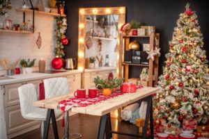 a holiday-themed kitchen with painted cabinets